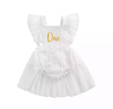 Girls First Birthday Lace “One” Romper - White.
